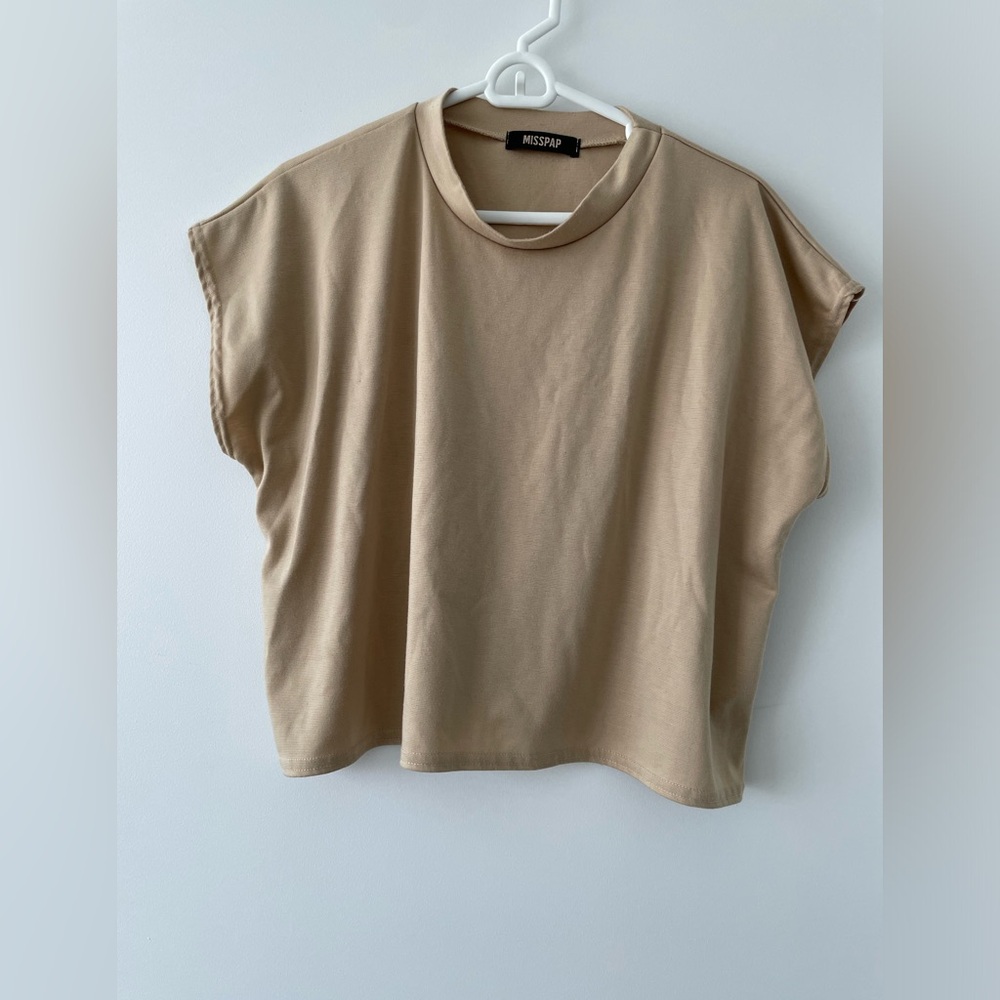 Miss Pap - Beige Cropped Crew Neck Short Sleeve Sweater